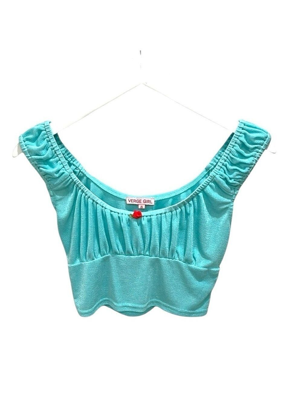 Verge Girl Off The Shoulder Shirred Bust Crop Top  SZ 8 Turquoise
